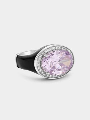 Sterling Silver Black Enamel Lilac Cubic Zirconia Oval Halo Ring