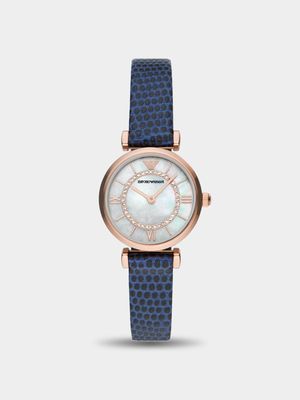 Emporio Armani Women's Rose Gold Plated & Blue Leather Watch