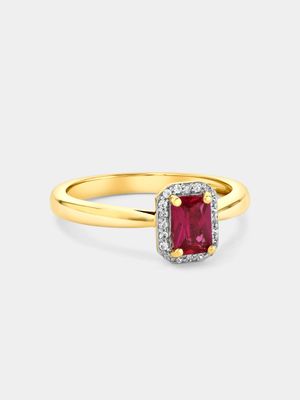 Yellow Gold Diamond & Created Ruby Rectangle Halo Ring