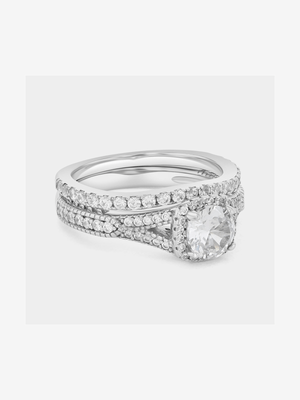 Sterling Silver Cubic Zirconia Cushion Halo Twinset Ring