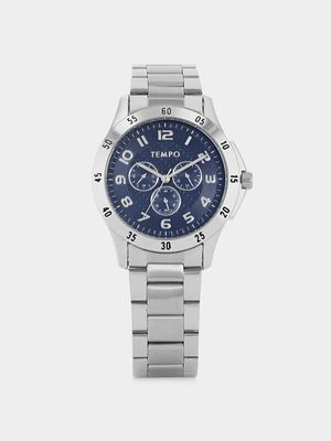 Tempo Men’s Silver Plated Blue Multifunction Dial Bracelet Watch