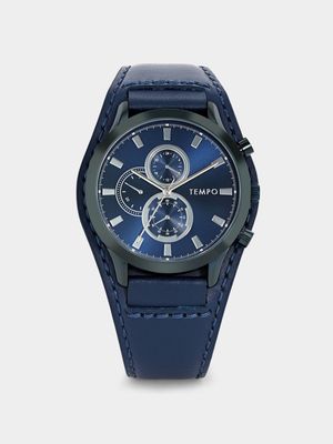Tempo Blue Plated Chronographic Blue Leather Watch