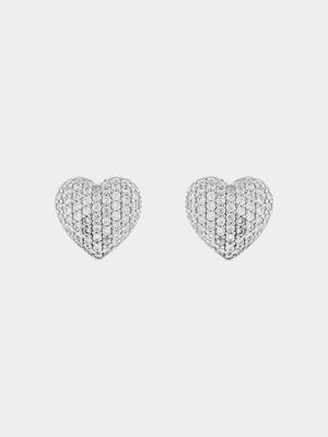 Sterling Silver Cubic Zirconia Pavé Puff Heart Stud Earrings