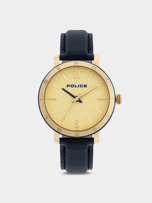 Police Women’s Sajama Gold Plated Stainless Steel Navy Leather Watch