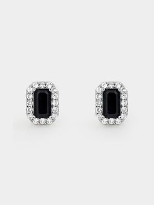 Sterling Silver Diamond & Black Sapphire Rectangle Stud Earrings