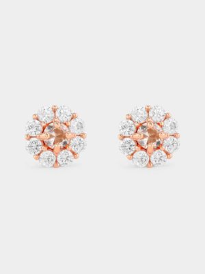 Rose Plated Sterling Silver Morganite Cubic Zirconia Cluster Stud Earrings