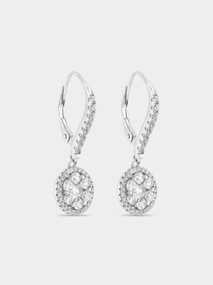 Sterling Silver Cubic Zirconia Round Cluster Halo Drop Earrings