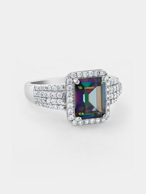 Sterling Silver Mystic Topaz Cubic Zirconia Emerald-Cut Halo Ring