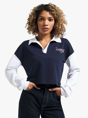 Women's Navy Fleece Johnny Collar With Print Top