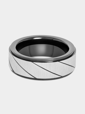 Stainless Steel 2-Tone Black Diagonal Striped Ring
