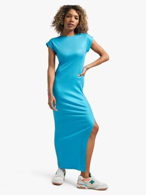 Women's Blue Rib Maxi Bodycon Dress