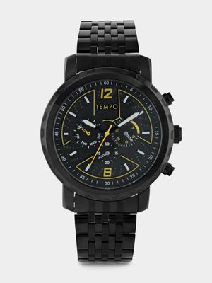 Tempo Premium Black Plated Black & Yellow Dial Bracelet Watch