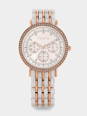 Tempo Premium Rose Plated Two-Tone Beige Marble Bracelet Watch