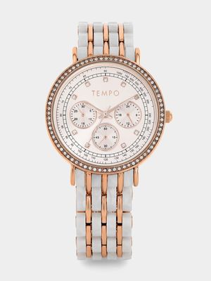 Tempo Premium Rose Plated Two-Tone Beige Marble Bracelet Watch