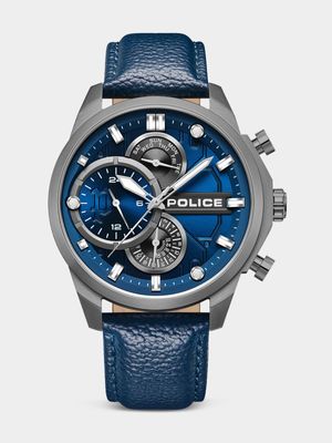 Police Reactor Gunmetal Plated Blue Dial Blue Leather Chronographic Watch