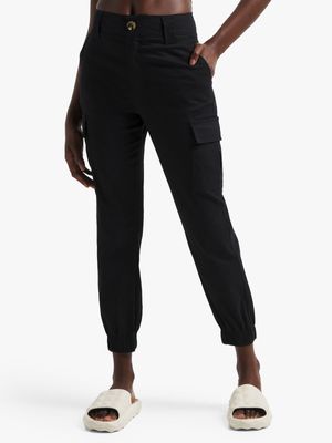 Women's Black Utility Pants With Elastic Band