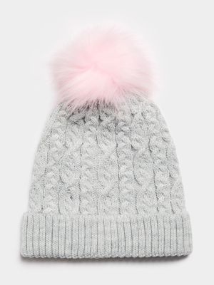 Jet Younger Girls Grey/Pink Cable Knit Beanie