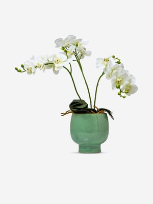 Faux Orchid In Green Ceramic Pot 45cm