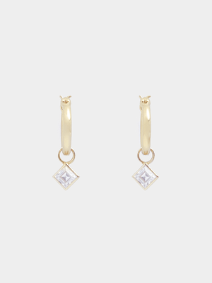 18ct Gold Plated Small Hoops with Square CZ Dangle Earrings