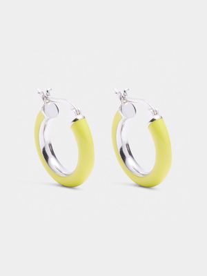 Rhodium Plated & Neon Yellow Enamel Brass Hoop Earrings