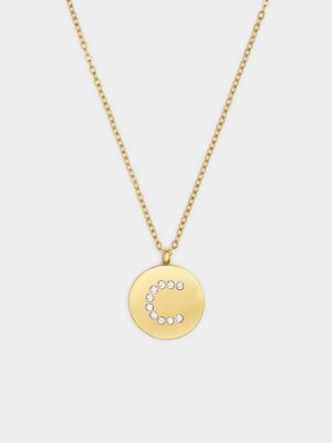 18ct Gold Plated Waterproof Stainless Steel CZ C Initial on disk Pendant