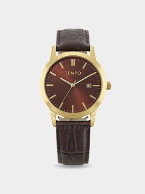 Tempo Men's Gold Toned Brown Leather Watch With Date Function