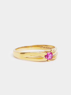 Gold Tone July  Birthstone Synthetic Ruby Pinky Ring