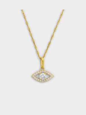 Yellow Gold Cubic Zirconia Solitaire Evil Eye Pendant on a Sterling silver and Gold chain