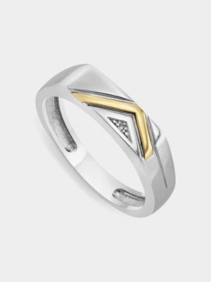 Yellow Gold & Sterling Silver Diamond Geometric Design Men's Ring