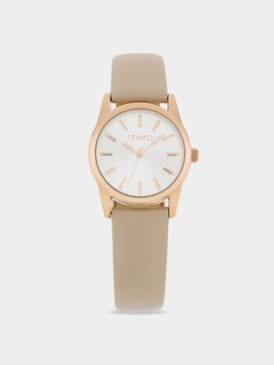 Tempo Ladies Rose Gold Tone & Sand Leather Strap Watch