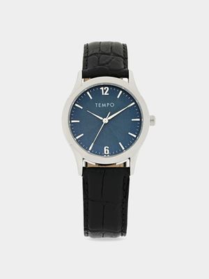 Men's Silver Toned Black Leather Watch