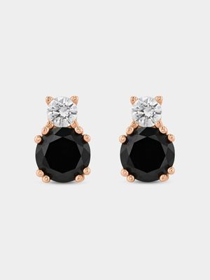 Rose Plated Sterling Silver Black & White Cubic Zirconia Stud Earrings