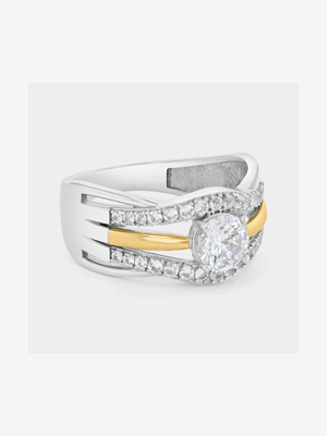 Yellow Gold and Sterling Silver Cubic Zirconia Solitaire Wave Ring