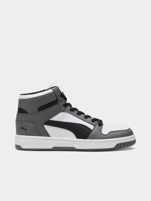 Mens Puma Rebound V6 White/Grey/Black Mid Sneakers