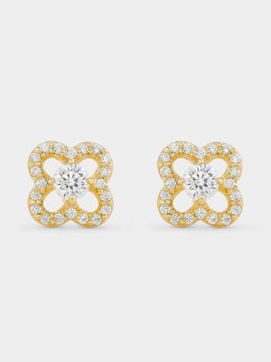 Yellow Gold Cubic Zirconia Round Clover Stud Earrings