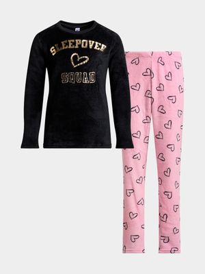 Jet Older Girls Black/Pink Fleece Pyjama Set