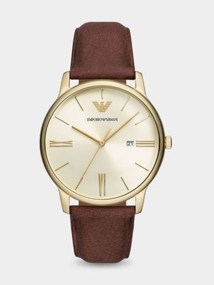 Emporio Armani Eggshell Dial Gold Plated Stainless Steel Brown Leather Watch