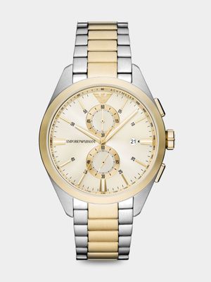 Emporio Armani Eggshell Dial Silver & Gold Plated Chronograph Bracelet Watch