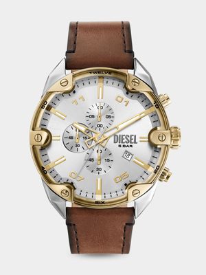Diesel Mr. Daddy 2.0 Silver & Gold Plated Stainless Steel  Brown Leather Chronograph Watch