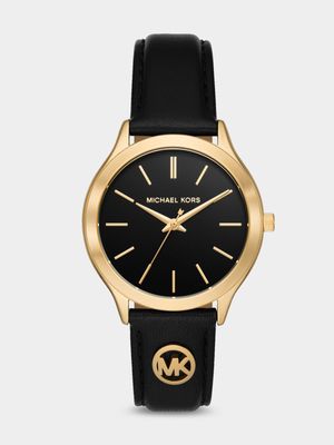 Michael Kors Slim Runway Gold Plated Stainless Steel Black Leather Watch
