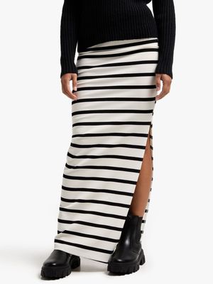 Women's White & Black Maxi Skirt With Slit