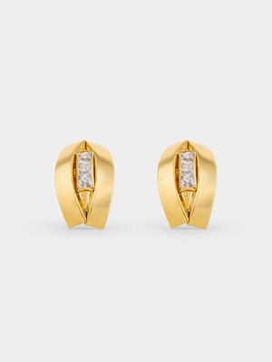 Yellow Gold Broad Cubic Zirconia centre inset Hoop Stud Earrings
