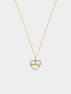 Yellow Gold  and Sterling Silver Cubic Zirconia Mama Heart Pendant on a chain