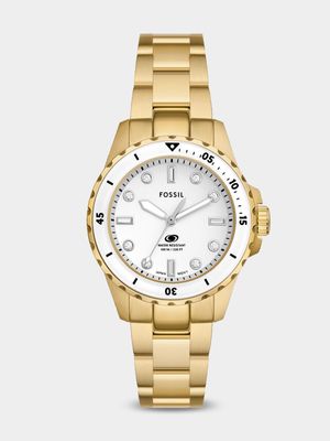 Fossil Blue White Dial Gold Plated Stainless Steel Bracelet Watch