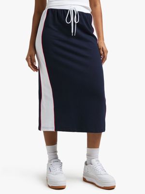 Women's Navy Fleece Midi Skirt With Piping