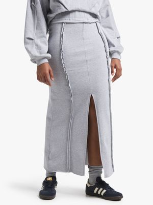 Women's Grey Fleece Maxi Skirt With Exposed Seam & Slit