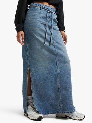 Women's Denim Midi Skirt With Double Slit