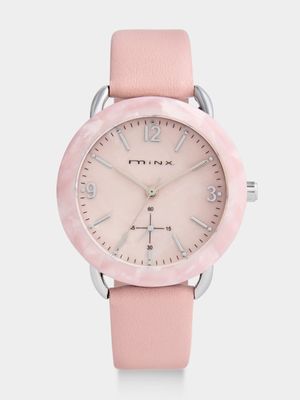 Minx Silver Plated Pink Mother Of Pearl Dial Pink Faux Leather Watch