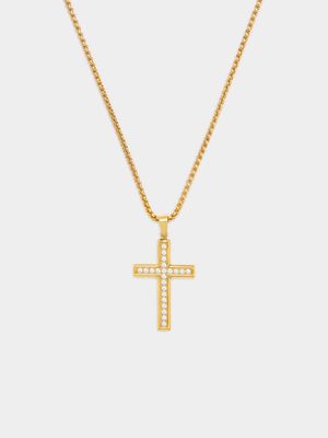 Gents Gold Tone Stainless Steel Pave Cross Pendant on Chain