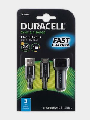 Duracell 2.4A Car Charger + 1m Type A/C USB3 Cable W
